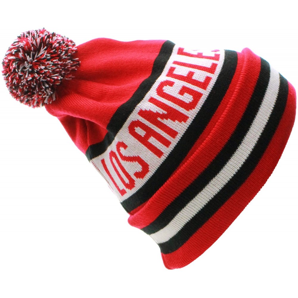 Skullies & Beanies USA Favorite City Cuff Winter Beanie Knit Pom Pom Hat Cap - Los Angeles - Red Black - CS11Q2TA22P $9.39