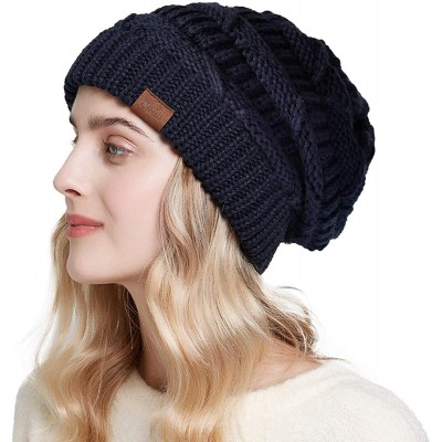 Skullies & Beanies Womens Slouchy Beanie-Trendy Chunky Cable Knit Beanie-Oversized Winter Hats for Women - Navy - C218X4T59WK...