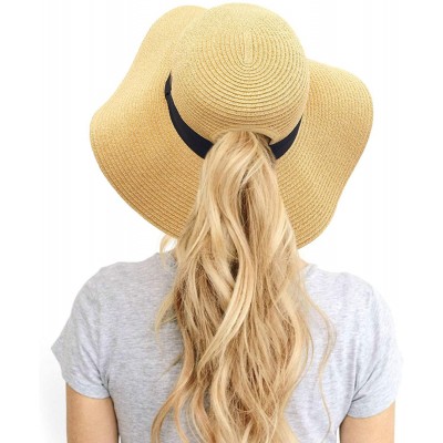 Sun Hats Exclusives Straw Embroidered Lettering Floppy Brim Sun Hat (ST-2017) - A Pony Tail-natural - CN194RQ7C02 $16.24