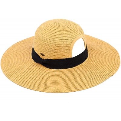 Sun Hats Exclusives Straw Embroidered Lettering Floppy Brim Sun Hat (ST-2017) - A Pony Tail-natural - CN194RQ7C02 $16.24