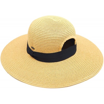 Sun Hats Exclusives Straw Embroidered Lettering Floppy Brim Sun Hat (ST-2017) - A Pony Tail-natural - CN194RQ7C02 $16.24