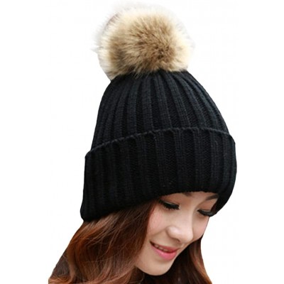 Berets Women Winter Fur Ball Warm Hat Crochet Knitted Wool Cap - Black - CE12NDUK7S0 $15.55