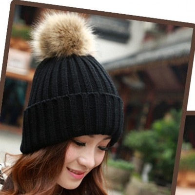 Berets Women Winter Fur Ball Warm Hat Crochet Knitted Wool Cap - Black - CE12NDUK7S0 $15.55