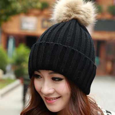 Berets Women Winter Fur Ball Warm Hat Crochet Knitted Wool Cap - Black - CE12NDUK7S0 $8.28