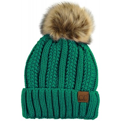 Skullies & Beanies Thick Cable Knit Faux Fuzzy Fur Pom Fleece Lined Skull Cap Cuff Beanie - Sea Green - CC185XDDIN4 $15.13