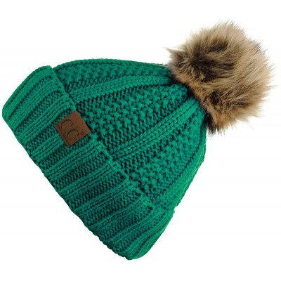 Skullies & Beanies Thick Cable Knit Faux Fuzzy Fur Pom Fleece Lined Skull Cap Cuff Beanie - Sea Green - CC185XDDIN4 $15.13