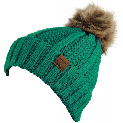 Skullies & Beanies Thick Cable Knit Faux Fuzzy Fur Pom Fleece Lined Skull Cap Cuff Beanie - Sea Green - CC185XDDIN4 $15.13