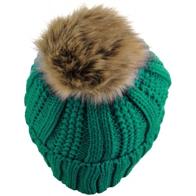 Skullies & Beanies Thick Cable Knit Faux Fuzzy Fur Pom Fleece Lined Skull Cap Cuff Beanie - Sea Green - CC185XDDIN4 $15.13