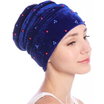 Skullies & Beanies Women Hearwear Velvet Hat Muslim Ruffle Cancer Chemo Beanie Wrap Cap - Blue - CJ18I3I77QX $14.54