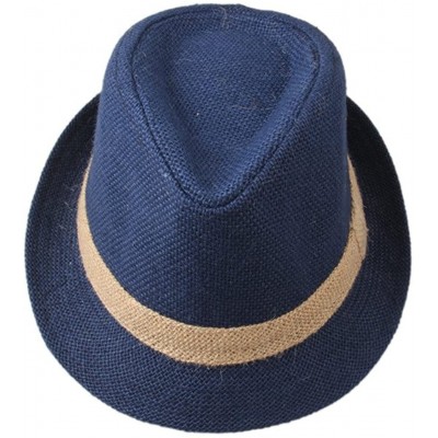 Fedoras Men's Linen Straw Band Fedoras Sun Trilby Hat Caps Blue - CS124EJOO65 $16.01