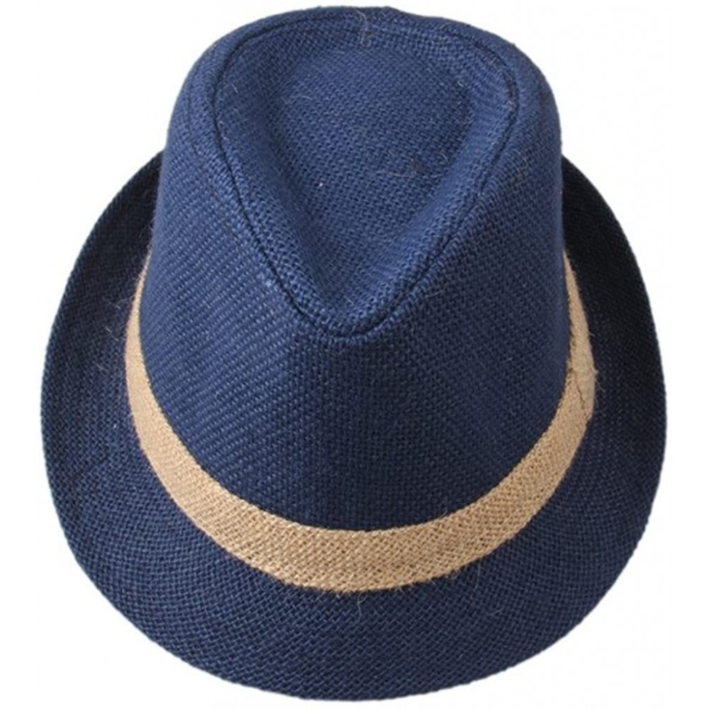 Fedoras Men's Linen Straw Band Fedoras Sun Trilby Hat Caps Blue - CS124EJOO65 $16.01