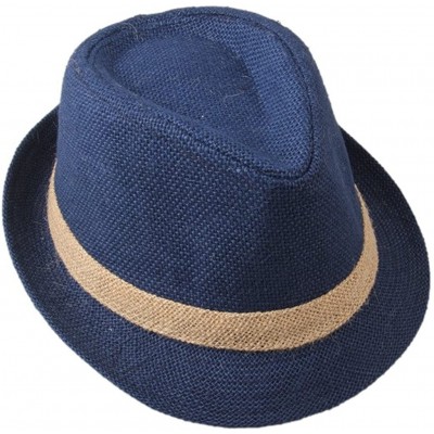 Fedoras Men's Linen Straw Band Fedoras Sun Trilby Hat Caps Blue - CS124EJOO65 $16.01