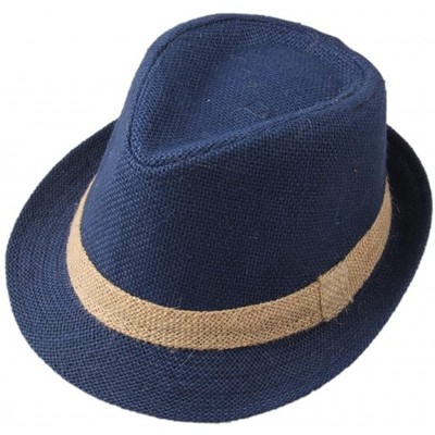 Fedoras Men's Linen Straw Band Fedoras Sun Trilby Hat Caps Blue - CS124EJOO65 $16.01