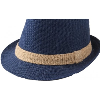 Fedoras Men's Linen Straw Band Fedoras Sun Trilby Hat Caps Blue - CS124EJOO65 $16.01