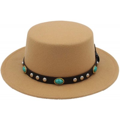 Fedoras Women Men Wool Boater Hat Wide Brim Pork Pie Cap Turquoise Rivets Leather Belt - Khaki - CC18HCMNE53 $14.01