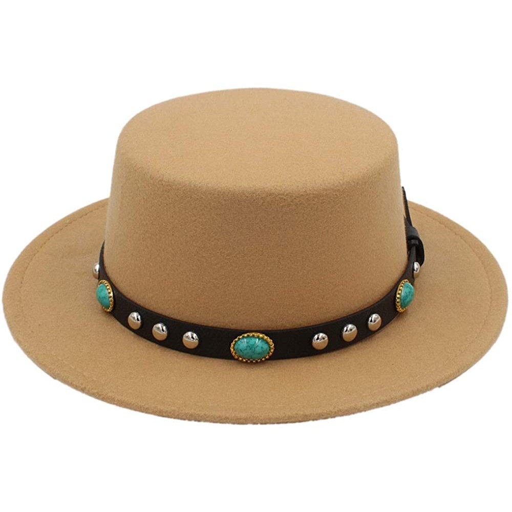 Fedoras Women Men Wool Boater Hat Wide Brim Pork Pie Cap Turquoise Rivets Leather Belt - Khaki - CC18HCMNE53 $14.01