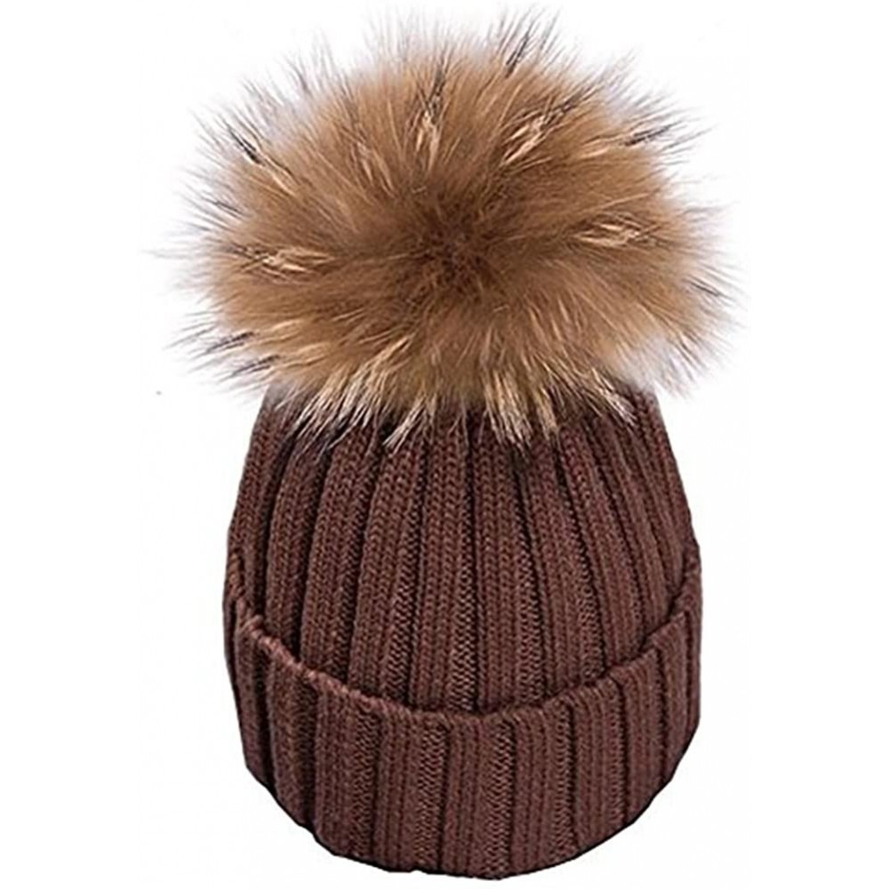 Skullies & Beanies Womens Girls Warm Winter Raccoon Fur Pom Pom Ball Knit Beanie Skull Hat - Brown - CQ188TMW6OT $11.96