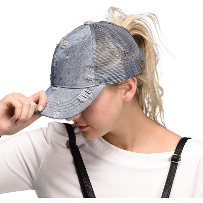 Baseball Caps Hatsandscarf Exclusives Messy Buns Damaged Denim Fabric Trucker Hat with Ponytail Baseball Cap (BT-8) - Lt.deni...