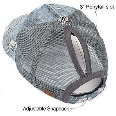 Baseball Caps Hatsandscarf Exclusives Messy Buns Damaged Denim Fabric Trucker Hat with Ponytail Baseball Cap (BT-8) - Lt.deni...