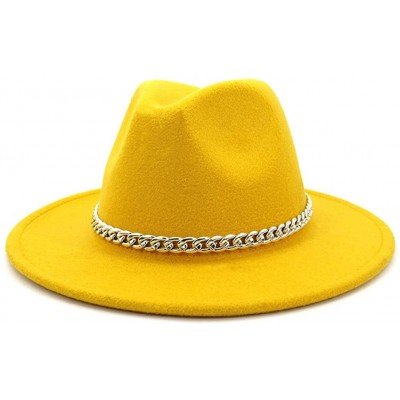 Fedoras Wide Brim Panama Fedoras Hat Felt Hat with Chain Belt for Men Women - Yellow - CR193N4M46A $12.28