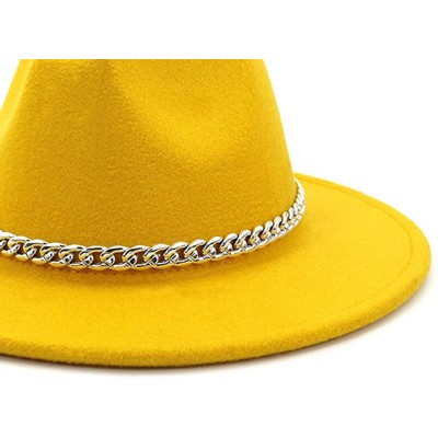 Fedoras Wide Brim Panama Fedoras Hat Felt Hat with Chain Belt for Men Women - Yellow - CR193N4M46A $12.28