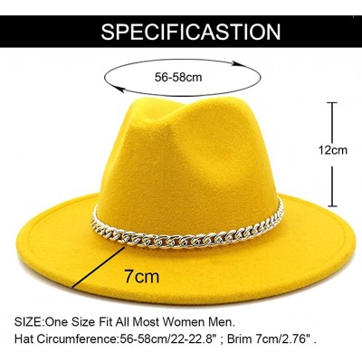 Fedoras Wide Brim Panama Fedoras Hat Felt Hat with Chain Belt for Men Women - Yellow - CR193N4M46A $12.28