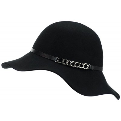 Bucket Hats Exclusive Women's Chain Link Band Wool Flop Brim Fedora Hat - Black - CN1274IMWDP $15.05