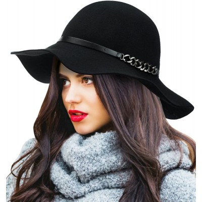 Bucket Hats Exclusive Women's Chain Link Band Wool Flop Brim Fedora Hat - Black - CN1274IMWDP $15.05