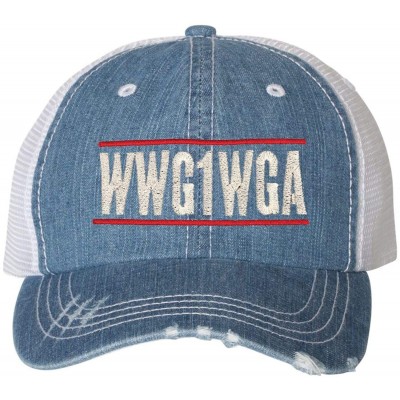 Baseball Caps Adult Where We Go One We Go All Embroidered Distressed Trucker Cap - Blue Denim/ White - CR18HU9SD89 $27.97