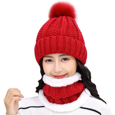 Skullies & Beanies Womens Winter Beanie Hat Scarf Set Warm Fuzzy Knit Hat Neck Scarves - C-red - CP18ZDNZDAE $14.02