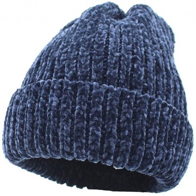 Skullies & Beanies Winter Chenille Chunky Stretchy Warm Ribbed Knit Beanie Hat - Navy - CB18WHWE4UG $9.76
