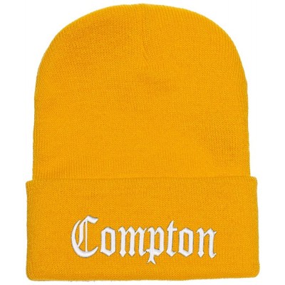 Skullies & Beanies 3D Embroidered Compton Warm Knit Beanie Cap Yupoong - Gold - CR120S59JUP $11.90