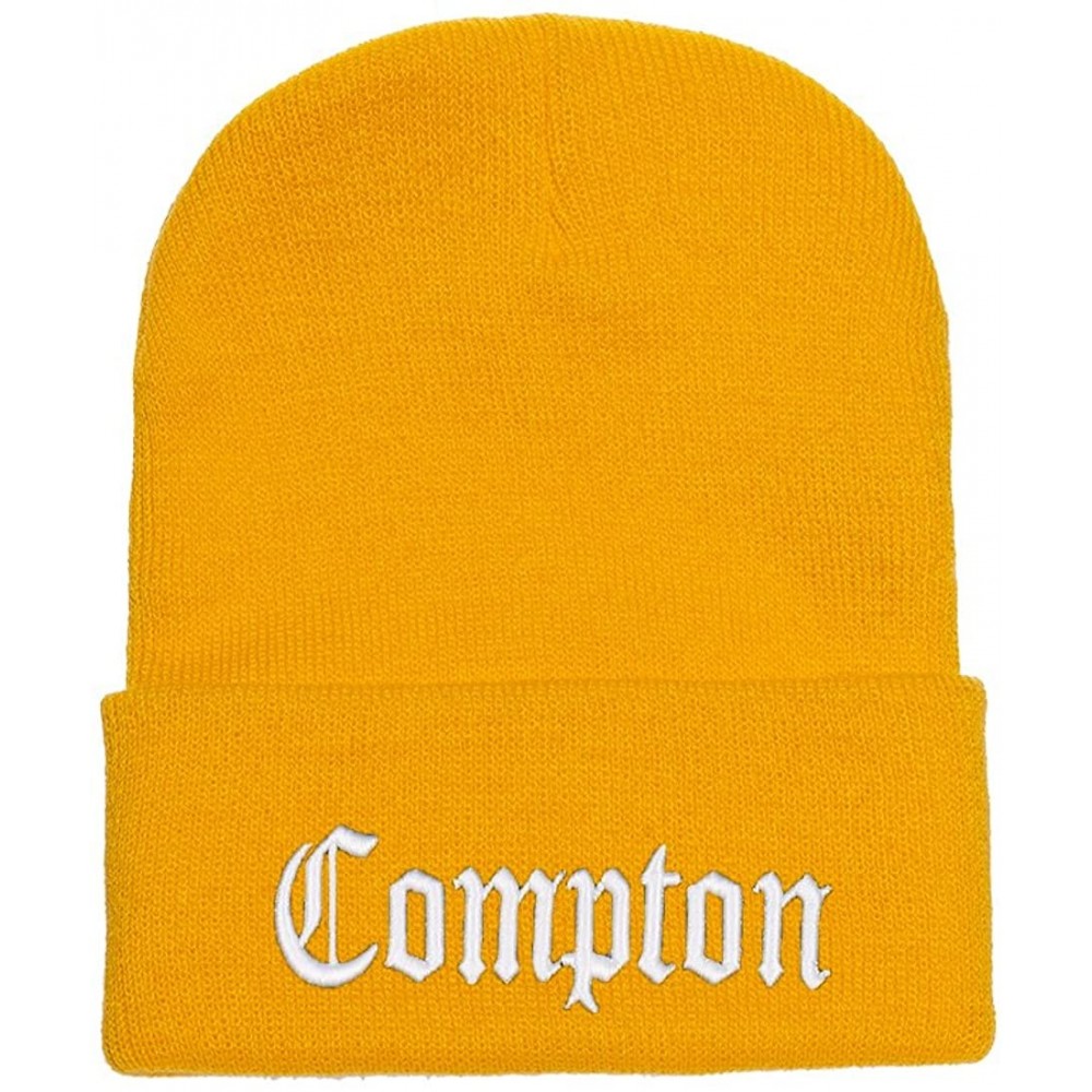 Skullies & Beanies 3D Embroidered Compton Warm Knit Beanie Cap Yupoong - Gold - CR120S59JUP $11.90