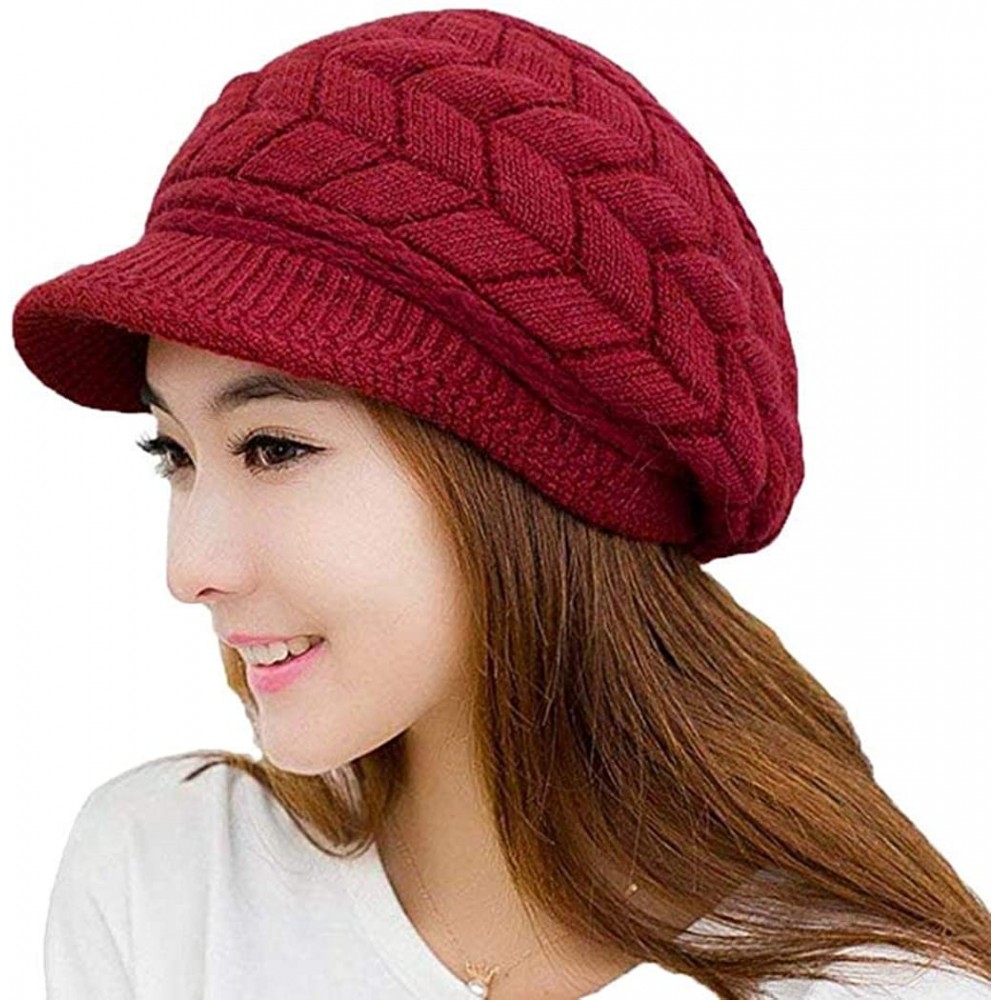 Visors Womens Winter Warm Knitted Hats Slouchy Wool Beanie Hat Cap with Visor - Wine Red - C718NGTN8UX $8.26