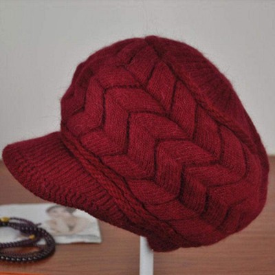 Visors Womens Winter Warm Knitted Hats Slouchy Wool Beanie Hat Cap with Visor - Wine Red - C718NGTN8UX $8.26