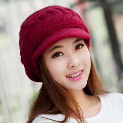 Visors Womens Winter Warm Knitted Hats Slouchy Wool Beanie Hat Cap with Visor - Wine Red - C718NGTN8UX $8.26
