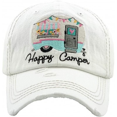 Baseball Caps Adjustable Happy Camper Distressed Baseball Cap Hat - White Pink Turquoise - CD199GX3LDH $14.40