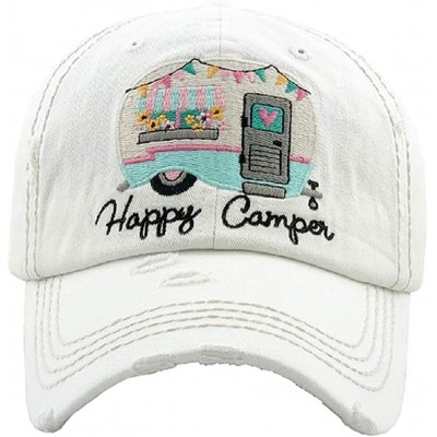 Baseball Caps Adjustable Happy Camper Distressed Baseball Cap Hat - White Pink Turquoise - CD199GX3LDH $14.40