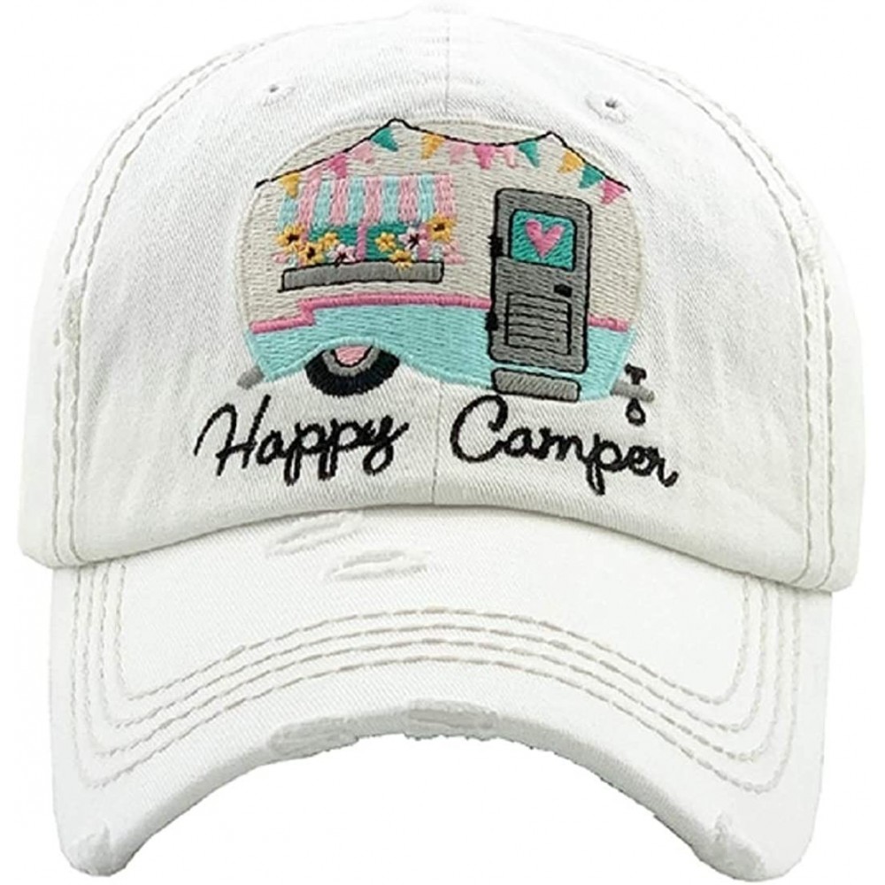 Baseball Caps Adjustable Happy Camper Distressed Baseball Cap Hat - White Pink Turquoise - CD199GX3LDH $14.40