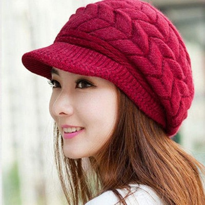 Visors Womens Winter Warm Knitted Hats Slouchy Wool Beanie Hat Cap with Visor - Wine Red - C718NGTN8UX $8.26