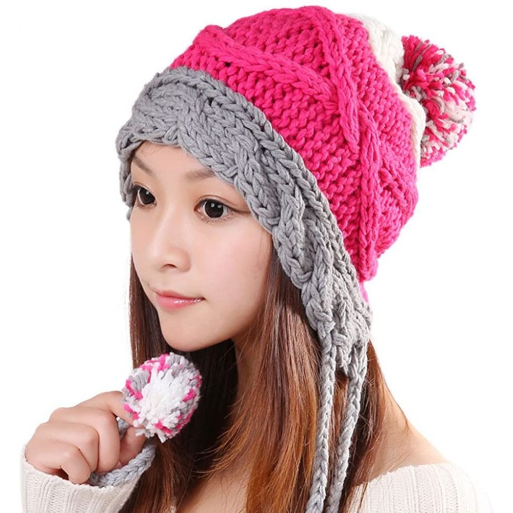 Skullies & Beanies Pom Pom Beanie Hat Ear Flap Winter Knit Hat - Rose Red - CT12NESBDTS $19.09