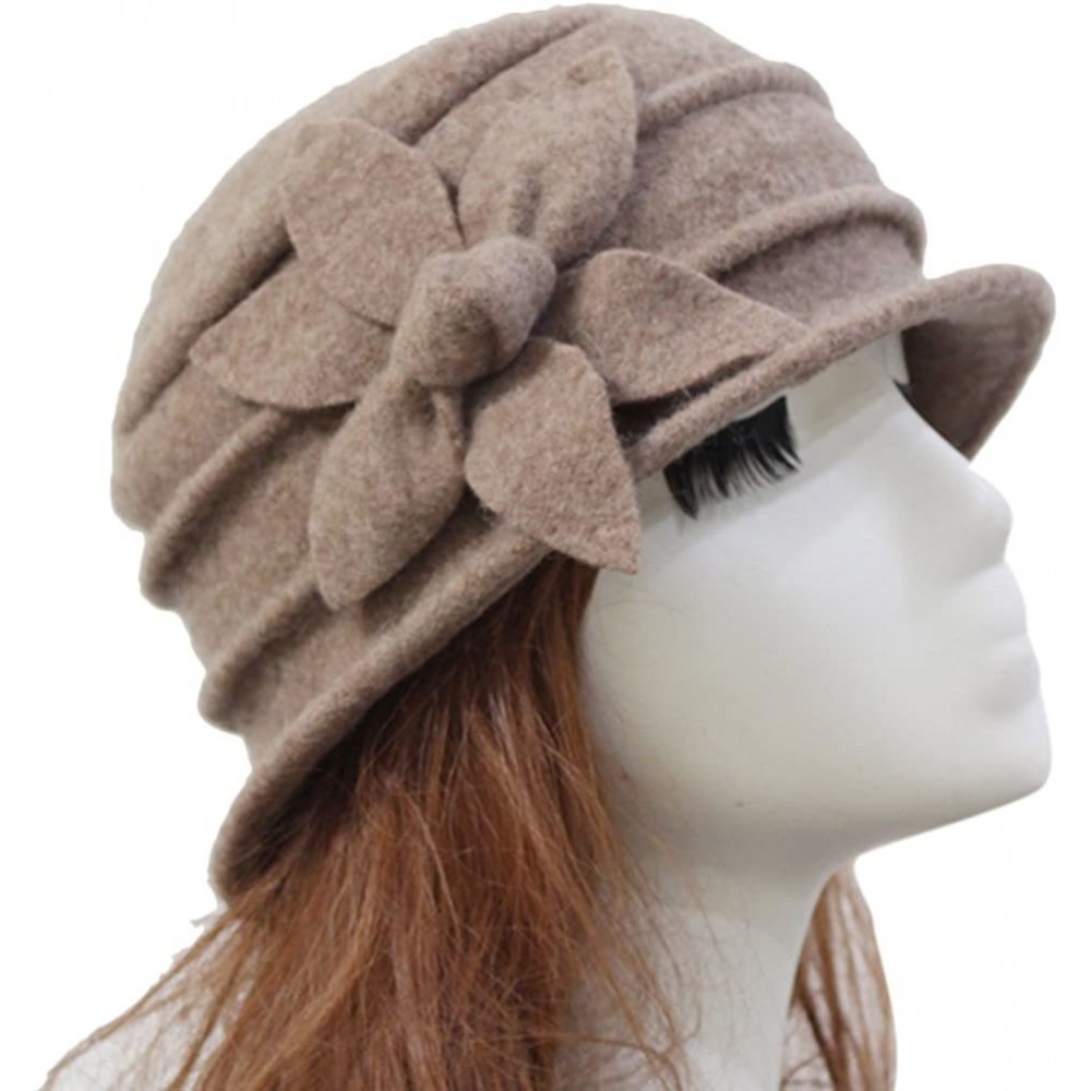Skullies & Beanies Women 100% Wool Felt Round Top Cloche Hat Fedoras Trilby with Bow Flower - A6 Camel - CI188A3CCGI $18.28