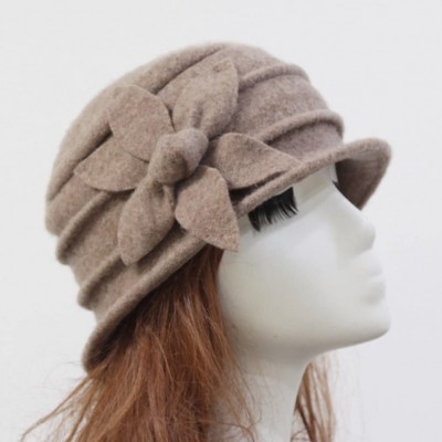 Skullies & Beanies Women 100% Wool Felt Round Top Cloche Hat Fedoras Trilby with Bow Flower - A6 Camel - CI188A3CCGI $18.28