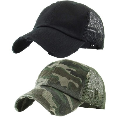 Baseball Caps Women's Adjustable Athletic Trucker Hat Mesh Baseball Cap Dad Hat - 2 Pack - Black & Camo (Distressed) - C818RR...