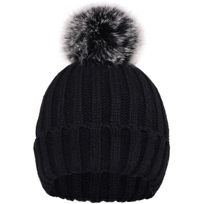 Skullies & Beanies Cute Fluffy Fur Pompom Knit Winter Beanie Hat - Black - CX188IO8845 $22.97