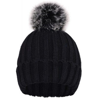 Skullies & Beanies Cute Fluffy Fur Pompom Knit Winter Beanie Hat - Black - CX188IO8845 $15.10