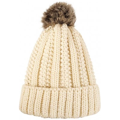Bomber Hats Womens Winter Beanie Hat- Warm Cuff Cable Knitted Soft Ski Cap with Pom Pom for Girls - D - CI18ADTSS9A $19.32