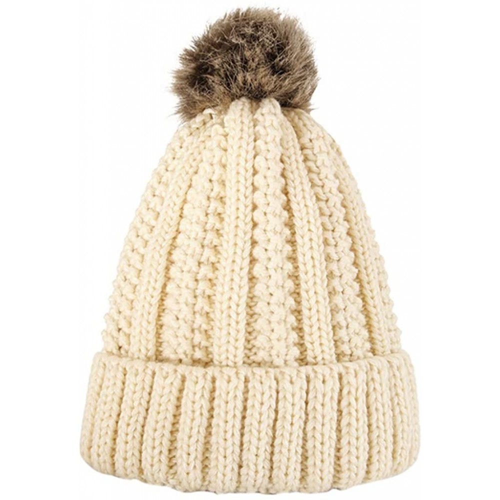 Bomber Hats Womens Winter Beanie Hat- Warm Cuff Cable Knitted Soft Ski Cap with Pom Pom for Girls - D - CI18ADTSS9A $11.69