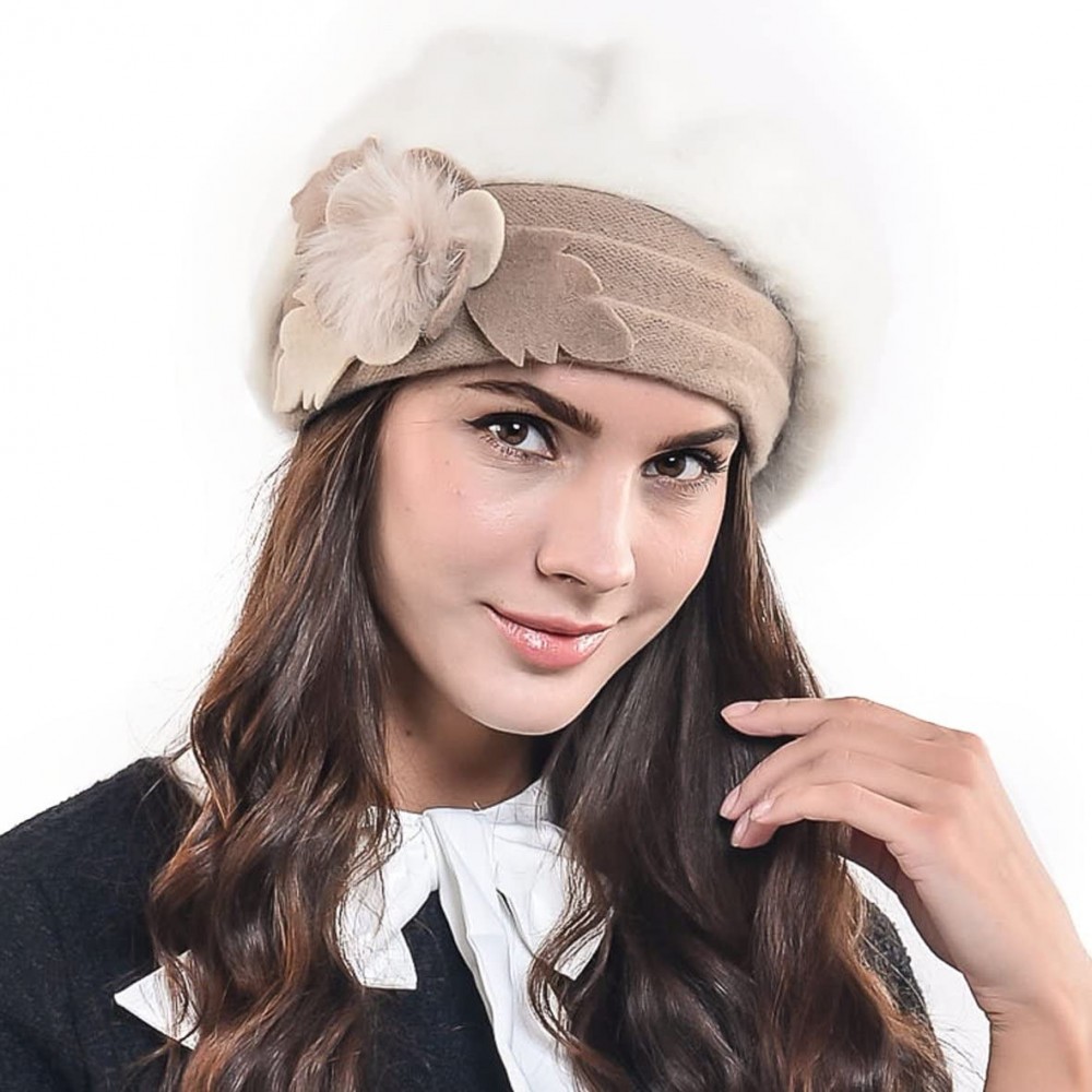 Bucket Hats Women's Elegant Flower Wool Cloche Bucket Ridgy Bowler Hat 09-co20 - Angora Beret-cream - CQ1205ED5XB $31.01