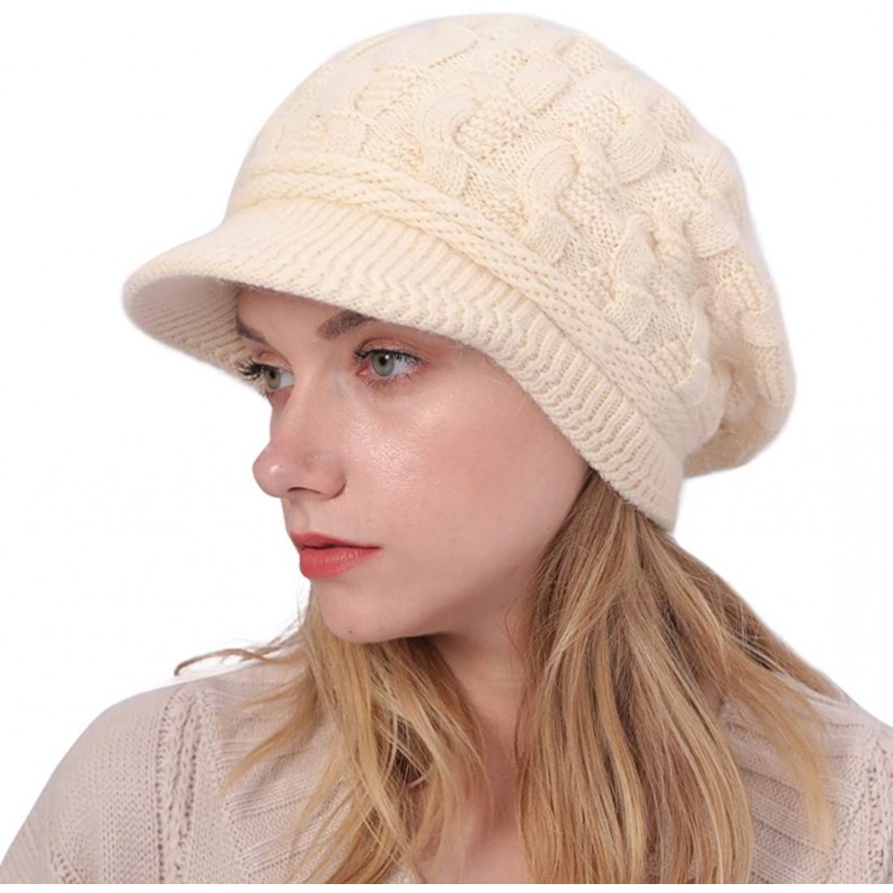 Skullies & Beanies Women Winter Warm Beanie Knit Hat Soft Lined Snow Ski Caps with Visor White - CA18A4C5S09 $10.86